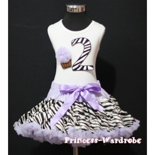 White Tank Top & 2nd Birthday Black Zebra Print number & Light Purple Rosettes Cupcake with Light Purple Zebra Pettiskirt MM74 