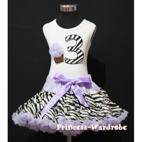 White Tank Top & 3rd Birthday Black Zebra Print number & Light Purple Rosettes Cupcake With Light Purple Zebra Pettiskirt MM75 