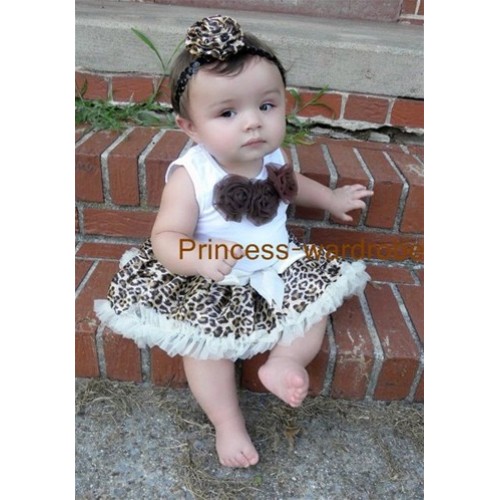 White Baby Pettitop & Brown Rosettes with Cream White Leopard Baby Pettiskirt NG83 