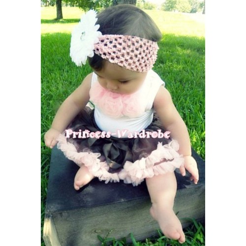 White Baby Pettitop & Light Pink Rosettes with Brown Light Pink Baby Pettiskirt NG49 