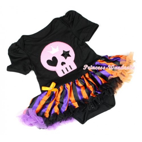 Halloween Black Baby Jumpsuit Dark Purple Orange Black Striped Pettiskirt with Light Pink Skeleton Print JS1240 