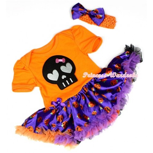 Halloween Orange Baby Jumpsuit Dark Purple Orange Black Pumpkin Pettiskirt With Black Skeleton Print With Orange Headband Dark Purple Pumpkin Satin Bow JS1248 