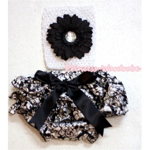 White Crochet Tube Top With Black Flower, Black Giant Bow Damask Bloomer CT231 