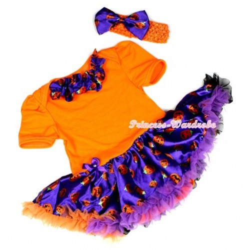 Halloween Orange Baby Jumpsuit Dark Purple Orange Black Pumpkin Pettiskirt With Dark Purple Pumpkin Satin Lacing With Orange Headband Dark Purple Pumpkin Satin Bow JS1246 