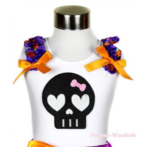 Halloween White Tank Top With Black Skeleton Print with Dark Purple Pumpkin Ruffles & Orange Bow TB406 