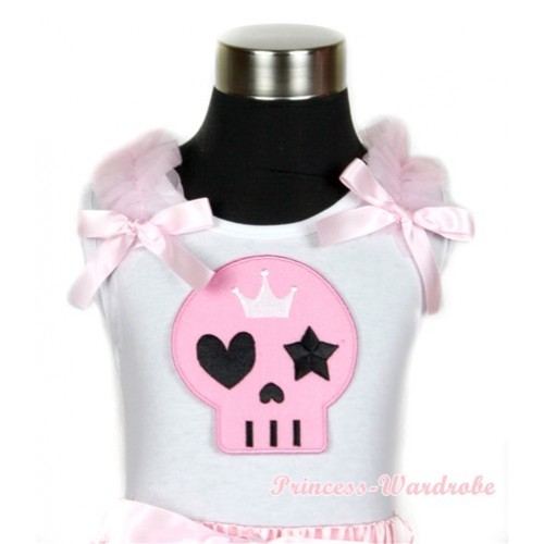 Halloween White Tank Top With Light Pink Skeleton Print with Light Pink Ruffles & Light Pink Bow TB407 