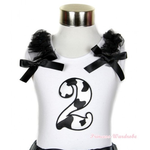 White Tank Top With 2nd Milk Cow Birthday Number Print with Black Ruffles & Black Bow TB410 