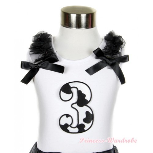 White Tank Top With 3rd Milk Cow Birthday Number Print with Black Ruffles & Black Bow TB411 