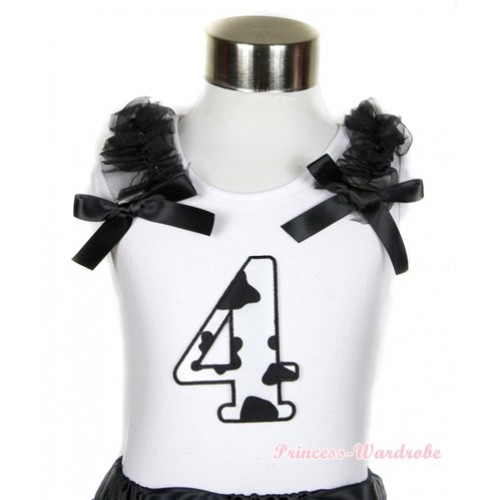White Tank Top With 4th Milk Cow Birthday Number Print with Black Ruffles & Black Bow TB412 