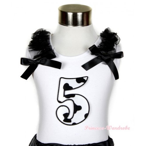 White Tank Top With 5th Milk Cow Birthday Number Print with Black Ruffles & Black Bow TB413 