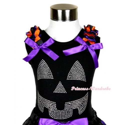 Halloween Black Tank Top With Dark Purple Orange Black Striped Ruffles & Dark Purple Bow With Sparkle Crystal Glitter Pumpkin Print TB420 