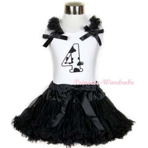 Halloween White Tank Top with 4th Milk Cow Birthday Number Print with Black Ruffles & Black Bow & Black Pettiskirt MG684 