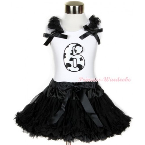 Halloween White Tank Top with 6th Milk Cow Birthday Number Print with Black Ruffles & Black Bow & Black Pettiskirt MG686 