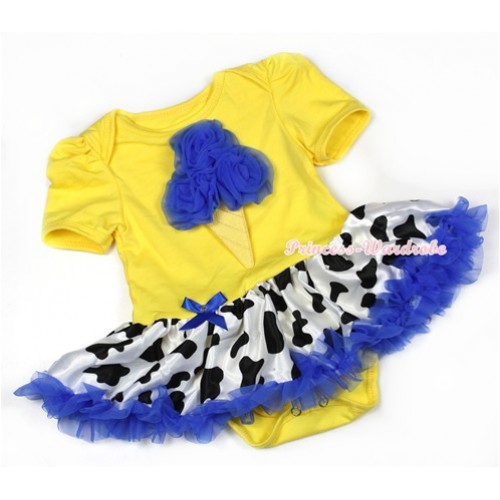 Yellow Baby Jumpsuit Royal Blue Milk Cow Pettiskirt with Royal Blue Rosettes Ice Cream Print JS1291 