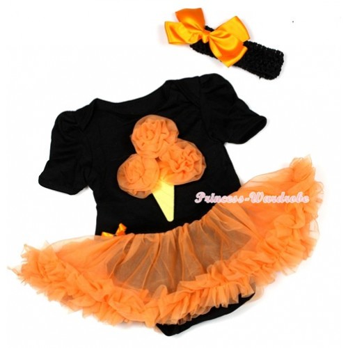 Halloween Black Baby Jumpsuit Orange Pettiskirt With Orange Rosettes Ice Cream Print With Black Headband Orange Silk Bow JS1297 