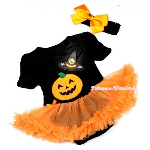 Halloween Black Baby Jumpsuit Orange Pettiskirt With Pumpkin Witch Hat & Pumpkin Print With Black Headband Orange Silk Bow JS1300 
