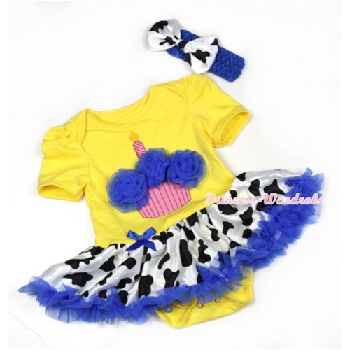 Yellow Baby Jumpsuit Royal Blue Milk Cow Pettiskirt With Royal Blue Rosettes Birthday Cake Print With Royal Blue Headband Milk Cow Satin Bow JS1303 