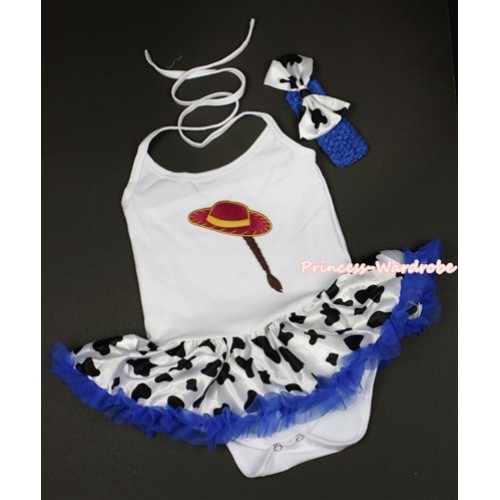 White Baby Halter Jumpsuit Royal Blue Milk Cow Pettiskirt With Cowgirl Hat Braid Print With Royal Blue Headband Milk Cow Satin Bow JS1332 
