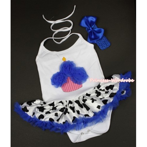 White Baby Halter Jumpsuit Royal Blue Milk Cow Pettiskirt With Royal Blue Rosettes Birthday Cake Print With Royal Blue Headband Royal Blue Silk Bow JS1333 