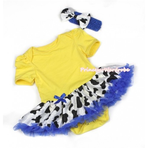 Yellow Baby Jumpsuit Royal Blue Milk Cow Pettiskirt With Royal Blue Headband Milk Cow Satin Bow JS1294 