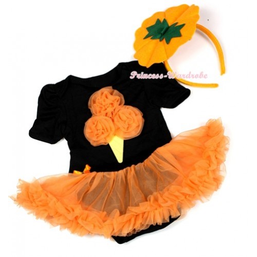 Halloween Black Baby Jumpsuit Orange Pettiskirt With Orange Rosettes Ice Cream Print With Pumpkin Costume JS1313 