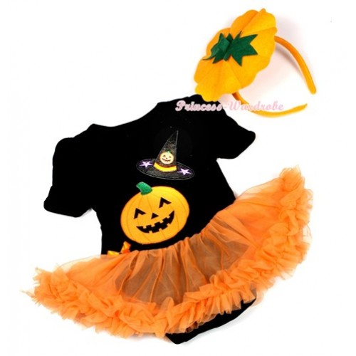 Halloween Black Baby Jumpsuit Orange Pettiskirt With Pumpkin Witch Hat & Pumpkin Print With Pumpkin Costume JS1315 