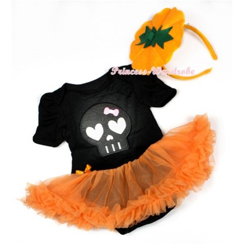 Halloween Black Baby Jumpsuit Orange Pettiskirt With Black Skeleton Print With Pumpkin Costume JS1317 
