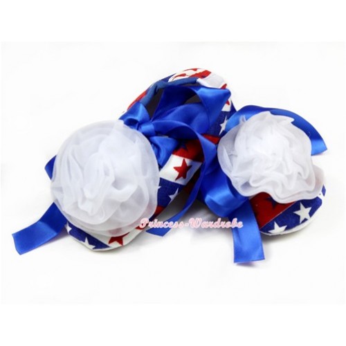 Red White Blue Striped Stars Crib Shoes With Royal Blue Ribbon With White Rose S571 