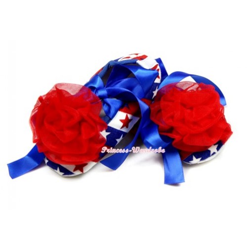 Red White Blue Striped Stars Crib Shoes With Royal Blue Ribbon With Red Rose S572 