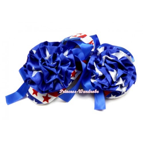 Red White Blue Striped Stars Crib Shoes With Royal Blue Ribbon With American Star Rose S574 