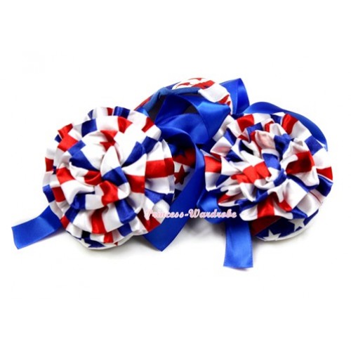 Red White Blue Striped Stars Crib Shoes With Royal Blue Ribbon With Red White Blue Striped Rose S575 
