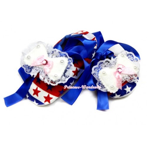 Red White Blue Striped Stars Crib Shoes With Royal Blue Ribbon With Lace Bow S576 