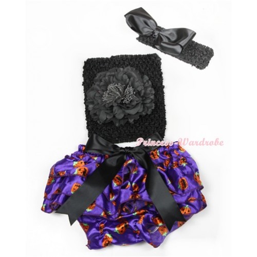 Halloween Black Big Bow Dark Purple Pumpkin Satin Bloomer ,Black Peony Black Crochet Tube Top,Black Headband Black Silk Bow 3PC Set CT621 