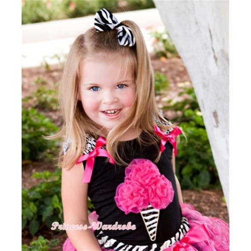 Black Tank Tops with Hot Pink Rosettes Zebra Ice Cream Print with Zebra Ruffles & Hot Pink Bow TB424 