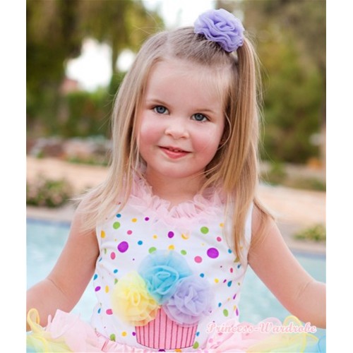 White Rainbow Dots Tank Top with Yellow Light Blue Lavender Rosettes Birthday Cake Print with Light Pink Chiffon Lacing TP146 