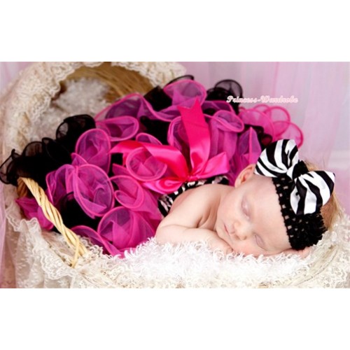 Zebra Waist Hot Pink Black Flower Petal Newborn Baby Pettiskirt With Hot Pink Bow N144 