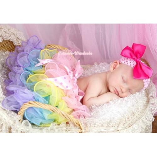 Light Pink Rainbow Flower Petal Newborn Baby Pettiskirt With Light Hot Pink Polka Dots Bow N139 
