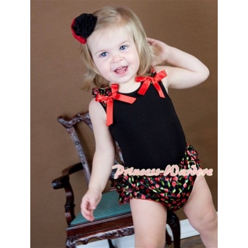 Black Baby Pettitop & Black Cherry Ruffles & Hot Red Bows with Red Bow Black Cherry Satin Bloomer LD214 