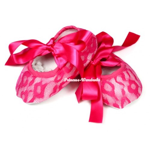 Hot Pink Lace Crib Shoes With Hot Pink Ribbon S583 