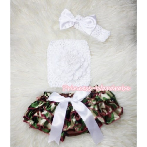 Camouflage Patterns Layer Panties Bloomer with Pure White Peony, Crochet Tube Top and Bow Headband 3PC Set CT263 