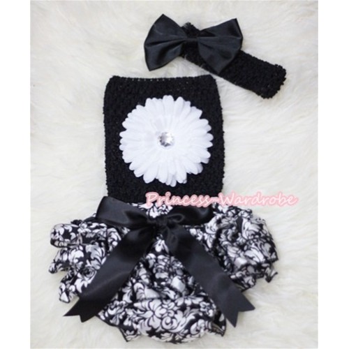 Black Big Bow Damask Layer Panties Bloomer with White Flower Black Crochet Tube Top and Bow Headband 3PC Set CT266 