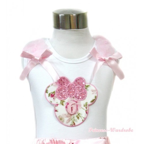 White Tank Top With 6th Light Pink Rose Minnie Print with Light Pink Ruffles & Light Pink Bow TB431 