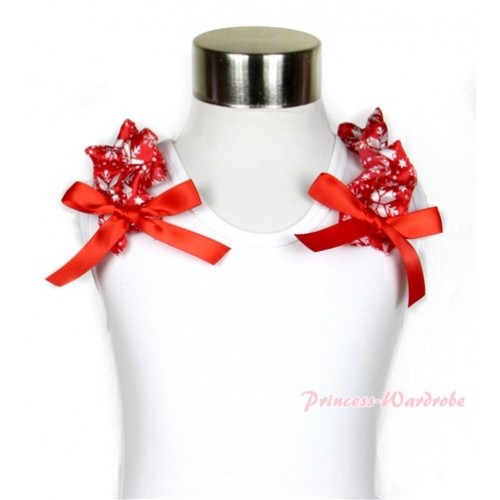 Xmas White Tank Top with Red Snowflakes Ruffles and Red Bow T496 
