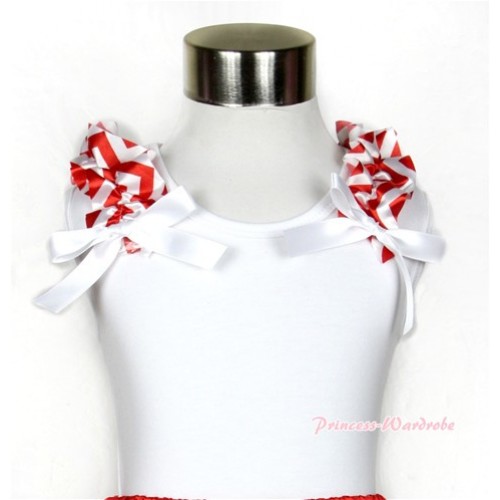 Xmas White Tank Top with Red White Wave Ruffles and White Bow T498 