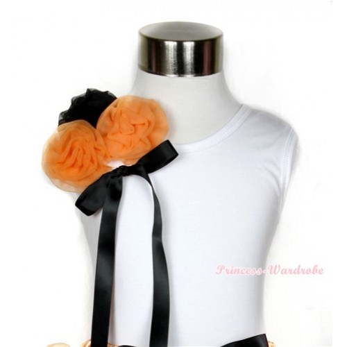 Halloween White Tank Top with Bunch of One Black Two Orange Rosettes& Black Bow TB434 