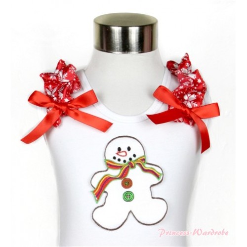Xmas White Tank Top With Christmas Gingerbread Snowman Print with Red Snowflakes Ruffles & Red Bow TB436 