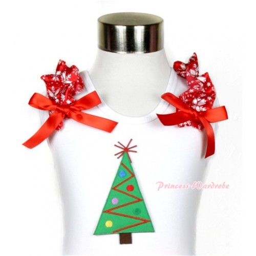 Xmas White Tank Top With Christmas Tree Print with Red Snowflakes Ruffles & Red Bow TB441 