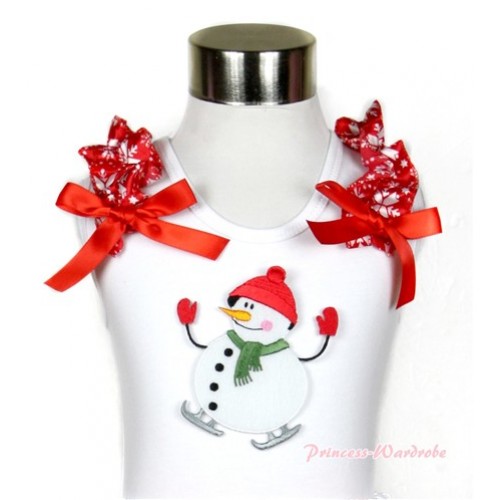Xmas White Tank Top With Ice Skating Snowman Print with Red Snowflakes Ruffles & Red Bow TB442 