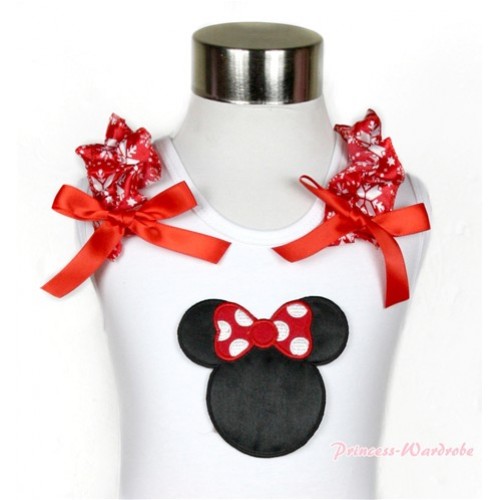 Xmas White Tank Top With Minnie Print with Red Snowflakes Ruffles & Red Bow TB444 