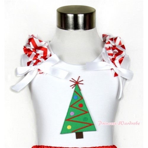 Xmas White Tank Top With Christmas Tree Print with Red White Wave Ruffles & White Bow TB459 